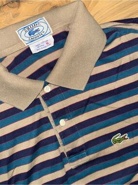 VTG Izod Lacoste sz L Polo Shirt Striped Soft Cotton Lisle Logo Slim Fit 70s 80s